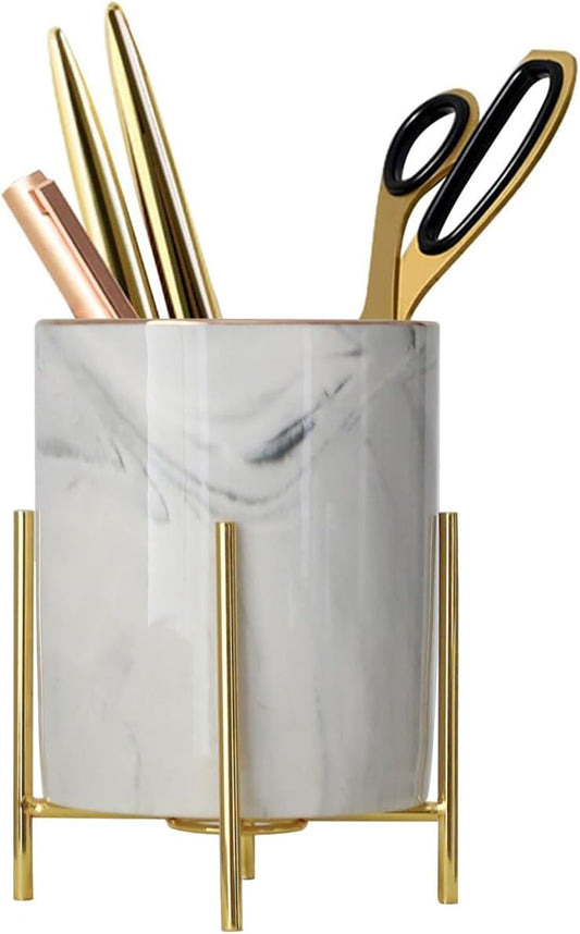 Gold Pencil Cup Sturdy Metal Frame With White Ceramic Pen Holder For Desks and kitchen Appliance Holders