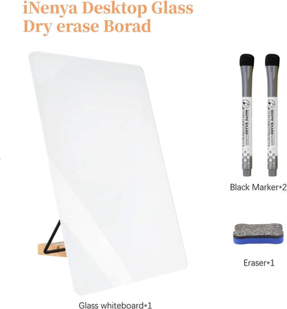 Glass White Board with Stand,Magnetic Mini Dry Erase Board for Desk,Small Desktop Whiteboard with Solid Wood Bracket
