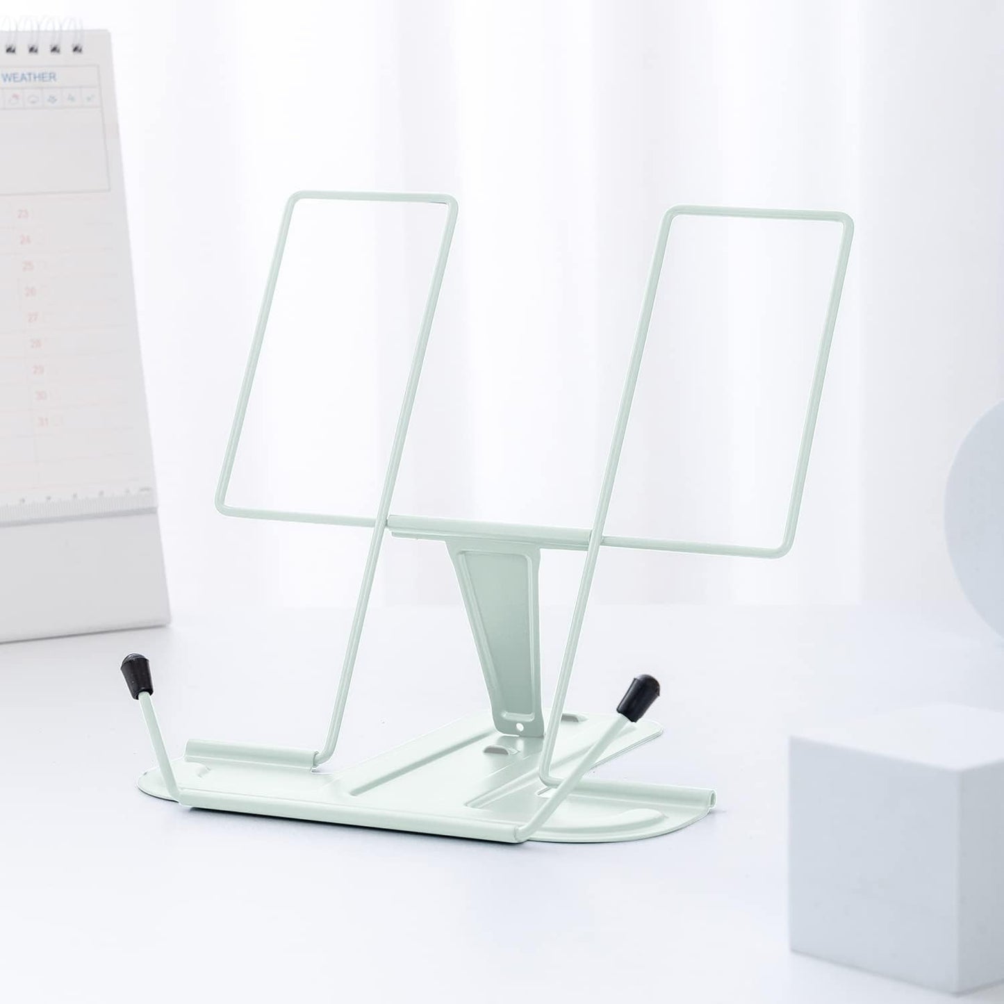 Metal Book Stand for Desk, Adjustable Reading Rest Book Holder, Portable Cookbook Documents Holder, Sturdy Typing Stand for Recipes Textbooks Tablet Music Books with Page Clips (Green)