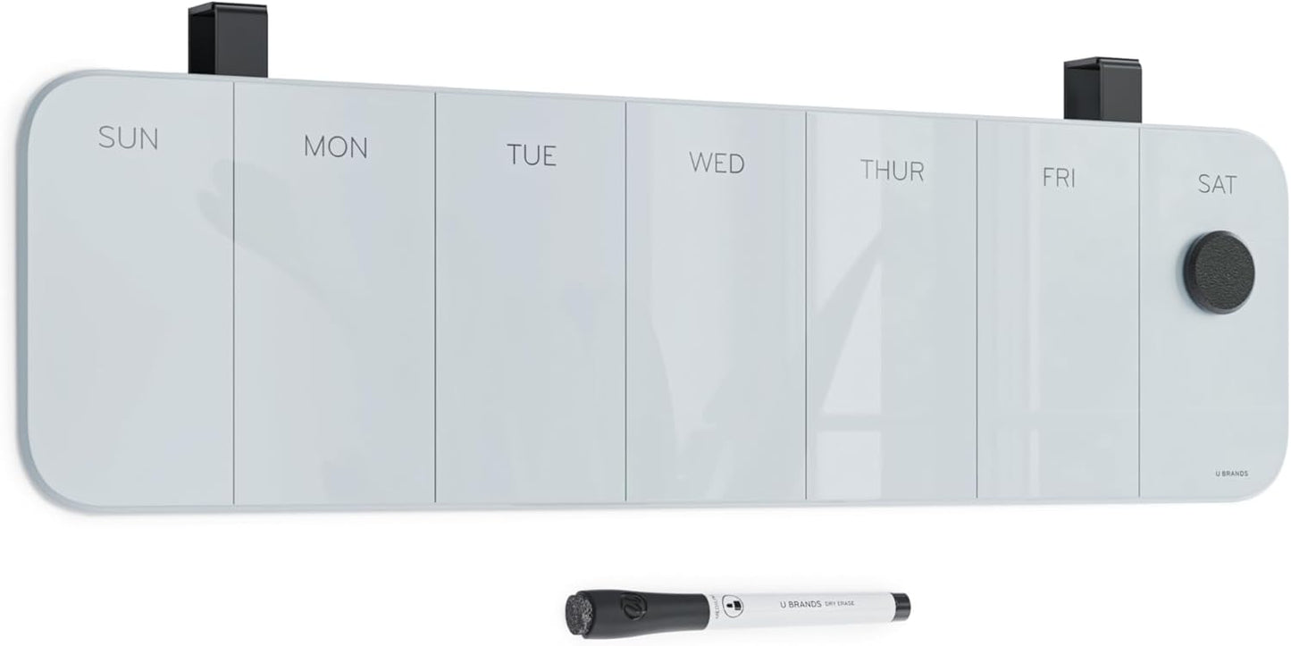 U Brands Magnetic Cubicle/Wall Glass Dry-Erase Weekly Calendar Board, 20" X 5.5" Inches, White Frosted Surface, Frameless