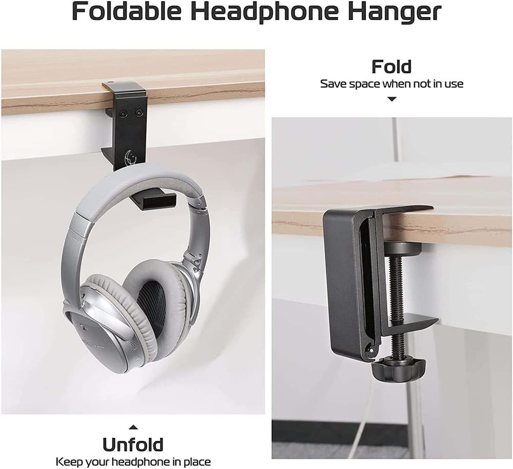 Under Desk Headphone Hanger, Foldable Aluminum Headset Hook for Clean Desk Setup, Space Saving Clamp Mount for Gaming & Home Office
