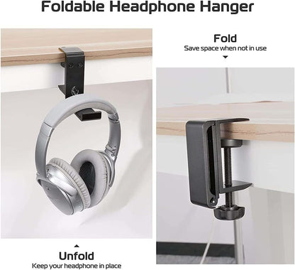 Under Desk Headphone Hanger, Foldable Aluminum Headset Hook for Clean Desk Setup, Space Saving Clamp Mount for Gaming & Home Office