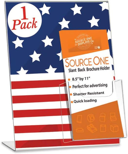 SOURCEONE.ORG Deluxe Clear Acrylic Slant Back Sign Holder Premium 8.5 x 11 Inches with Trifold Brochure Pocket