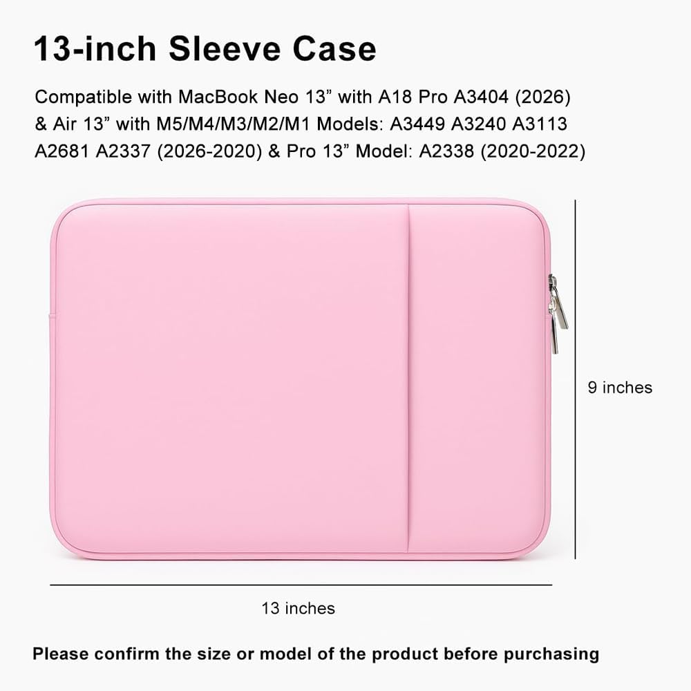 Laptop Sleeve for MacBook Neo/Air/Pro 13 inches A18/M5/M4/M3/M2/M1 Chip 2026-2020 A3404 A3449 A3240 A3113 with 2 Pockets Tablet Bag Case Accessories (Bright Pink)