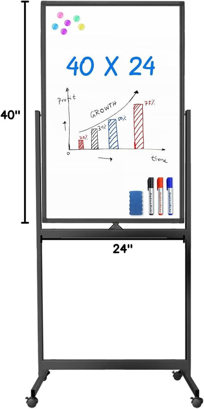 maxtek Magnetic Mobile White Board, 40 x 24 Double Sided Dry Erase Board Rolling Whiteboard, Aluminum Frame Standing Whiteboard on Wheels for Home Office Classroom (40 x 24 Black)