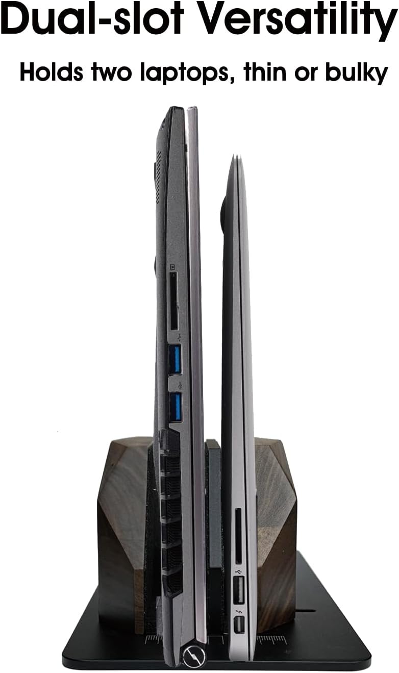 Vertical Laptop Stand for Desk, Dual Slot Wood Laptop Holder to Dock MacBook, MacBook Pro and & Gaming Laptops, Solid Black Walnut, Geometric Sculpted Craftsmanship