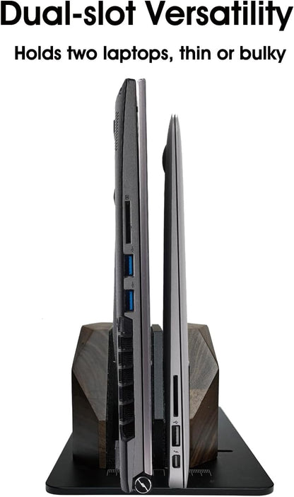Vertical Laptop Stand for Desk, Dual Slot Wood Laptop Holder to Dock MacBook, MacBook Pro and & Gaming Laptops, Solid Black Walnut, Geometric Sculpted Craftsmanship