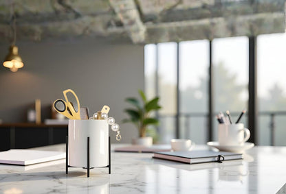 Gold Pencil Cup Sturdy Metal Frame With White Ceramic Pen Holder For Desks and kitchen Appliance Holders