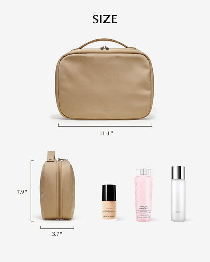 EACHY Toiletry Bag with Hanging Hook, Travel Makeup Bag PU Leather Cosmetic Bags for Women Make Up Organizer with 4 Compartments Waterproof Full-Size Portable Travel Essentials (Beige)