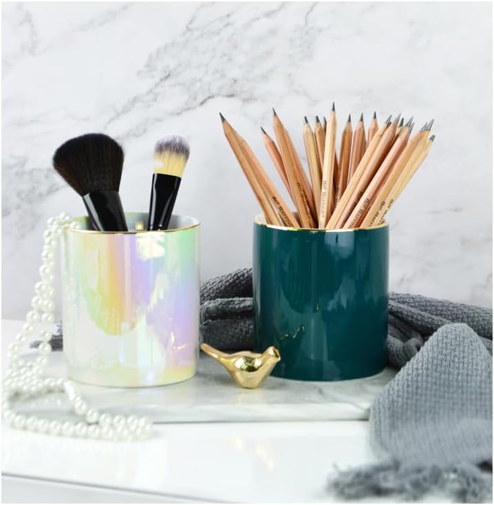 Gold Pencil Cup Sturdy Metal Frame With White Ceramic Pen Holder For Desks and kitchen Appliance Holders