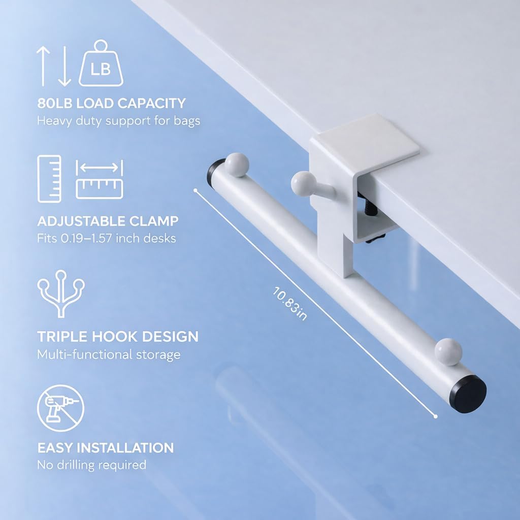 Heavy-Duty Backpack Hanger for Desk & Table, Adjustable Desk Hook for Bag with 80lb Capacity, T-Shape Backpack Holder & Purse Hook for Table, Clip-On Desk Bag Hook for Office Classroom Home