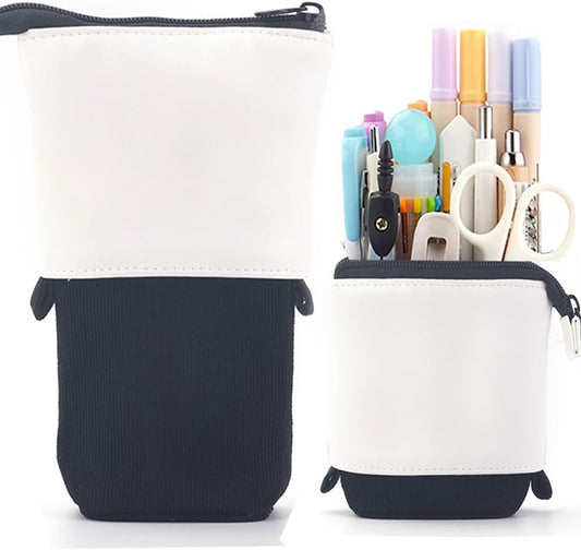 Telescopic Pencil Bag Pen Holder Stationery Case, PU Corduroy Stand-up Retractable Transformer Bag Colorful Organizer, Great for Christmas Holiday (Green)