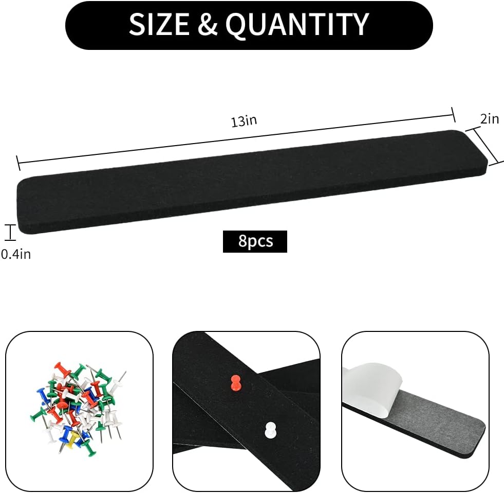 Vuzvuv 8 pcs Bulletin Board Bar Strips with 50 Pushpins & 10 Wooden Clip pins，Self Adhesive Cork Board for Wall，Felt Pin Board for School，Office Decor（Black White Grey）