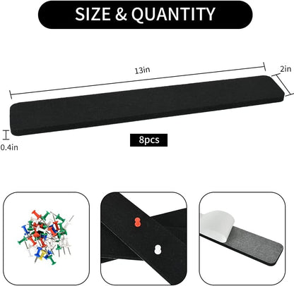 Vuzvuv 8 pcs Bulletin Board Bar Strips with 50 Pushpins & 10 Wooden Clip pins，Self Adhesive Cork Board for Wall，Felt Pin Board for School，Office Decor（Black White Grey）