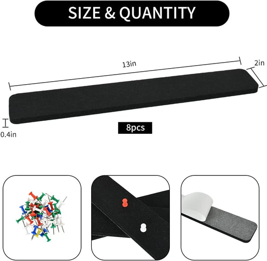 Vuzvuv 8 pcs Bulletin Board Bar Strips with 50 Pushpins & 10 Wooden Clip pins，Self Adhesive Cork Board for Wall，Felt Pin Board for School，Office Decor（Black White Grey）