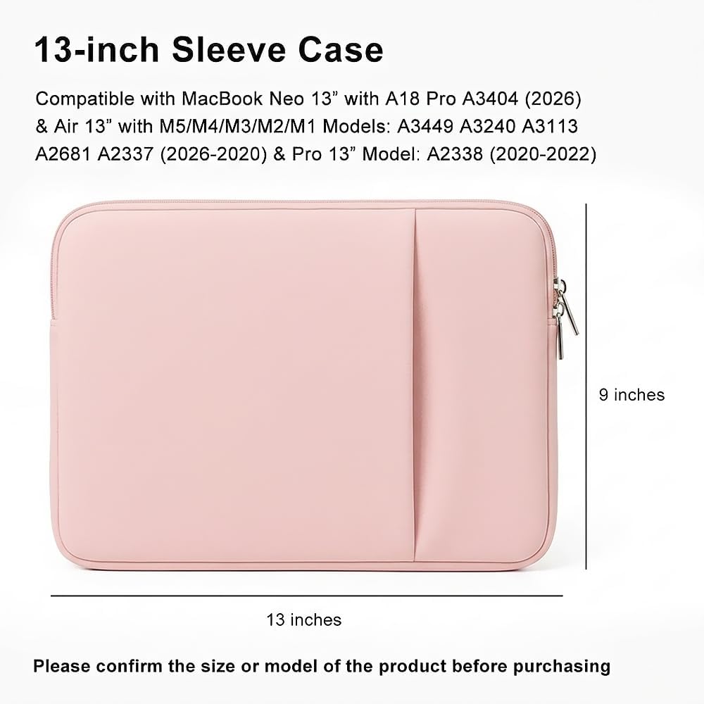 Laptop Sleeve for MacBook Neo/Air/Pro 13 inches A18/M5/M4/M3/M2/M1 Chip 2026-2020 A3404 A3449 A3240 A3113 with 2 Pockets Tablet Bag Case Accessories (Bright Pink)
