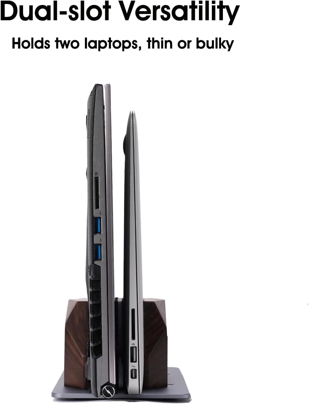 Vertical Laptop Stand for Desk, Dual Slot Wood Laptop Holder to Dock MacBook, MacBook Pro and & Gaming Laptops, Solid Black Walnut, Geometric Sculpted Craftsmanship