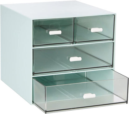Desk Organizer with 4 Drawers, Clear Plastic Desk Storage Box, Desktop Organization for Office Supplies, Gel Pens, Pencils, Markers, Tape, Erasers, Paperclips, Chargers (White-4 Draws)