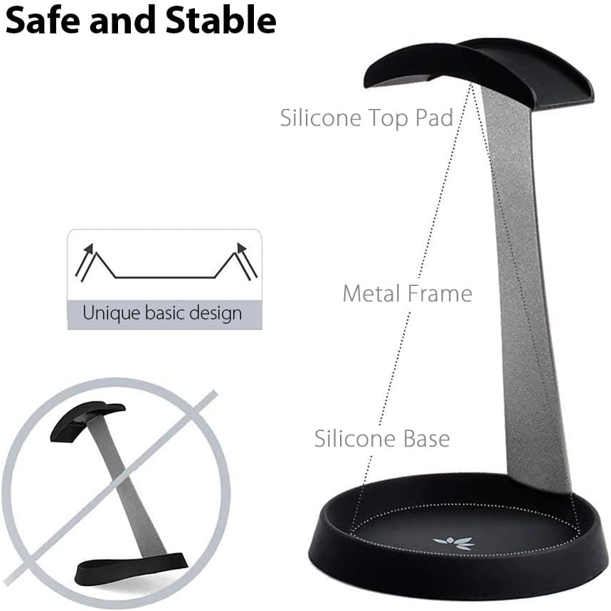 Avantree HS102 - Metal & Silicone Headphone Stand Hanger with Cable Holder, Black Desk Earphone Mount Rack, Fancy Music Studio Accessories