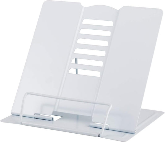 Blizzow Desk Book Stand Holder - Hands Free, Adjustable Metal Stand, Lightweight Foldable Portable - Cookbook, Recipe, Tablet, Music, Documents (White)