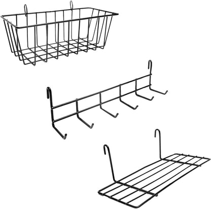 2 Pack Wire Wall Grid Panel With Accessories | Includes Hanging Basket, Shelf & Hook Rack | Photo Grid Wall Panels | Hanging Home, Office & Kitchen Décor | Metal & Black