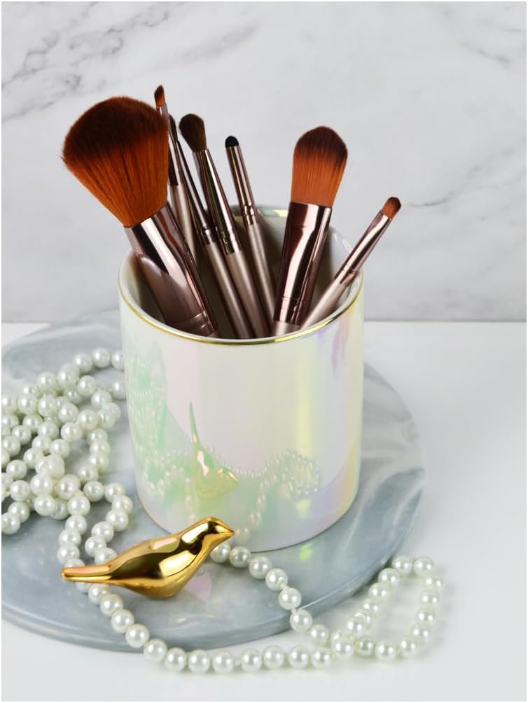 Gold Pencil Cup Sturdy Metal Frame With White Ceramic Pen Holder For Desks and kitchen Appliance Holders