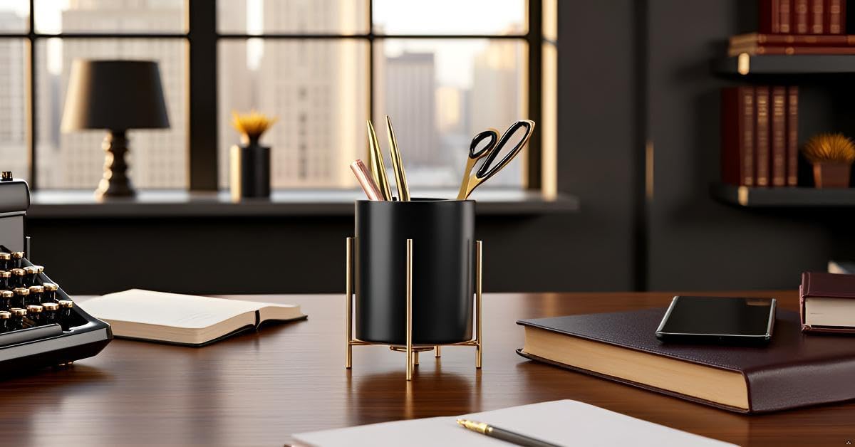 Gold Pencil Cup Sturdy Metal Frame With White Ceramic Pen Holder For Desks and kitchen Appliance Holders