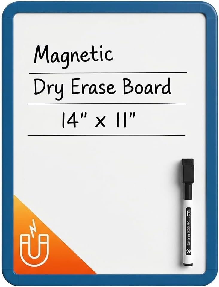 Mr. Pen- Dry Erase Board, 14” x 11” with a Black Dry Erase Marker, White Frame, Small Mini White Board for Students, Fridge, Wall, Locker, Includes Double Sided Tapes