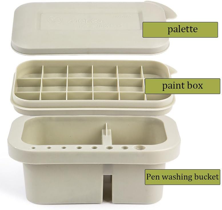 Multi-Use Paint Brush Basin with Brushes Holder, Washer, Trays, Palette Box - Artist Cleaner Cup for Watercolor Oil Acrylic Gouache Painting with Lid