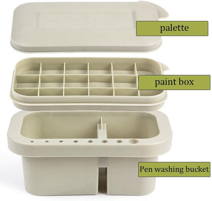 Multi-Use Paint Brush Basin with Brushes Holder, Washer, Trays, Palette Box - Artist Cleaner Cup for Watercolor Oil Acrylic Gouache Painting with Lid