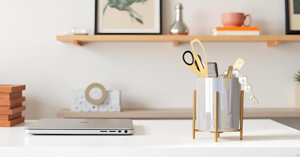 Gold Pencil Cup Sturdy Metal Frame With White Ceramic Pen Holder For Desks and kitchen Appliance Holders