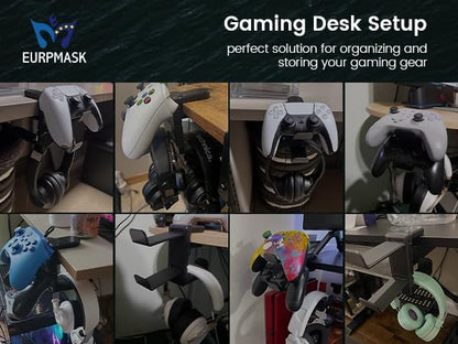 3in1 Rotating Headphone Holder - EURPMASK 3in1 PC Gaming Headset Holder w/Detachable Controller Holder, Adjustable Clamp-on Headset Stand,Headphone Hanger Hook Under Desk w/Cable Clip Organizer,Black