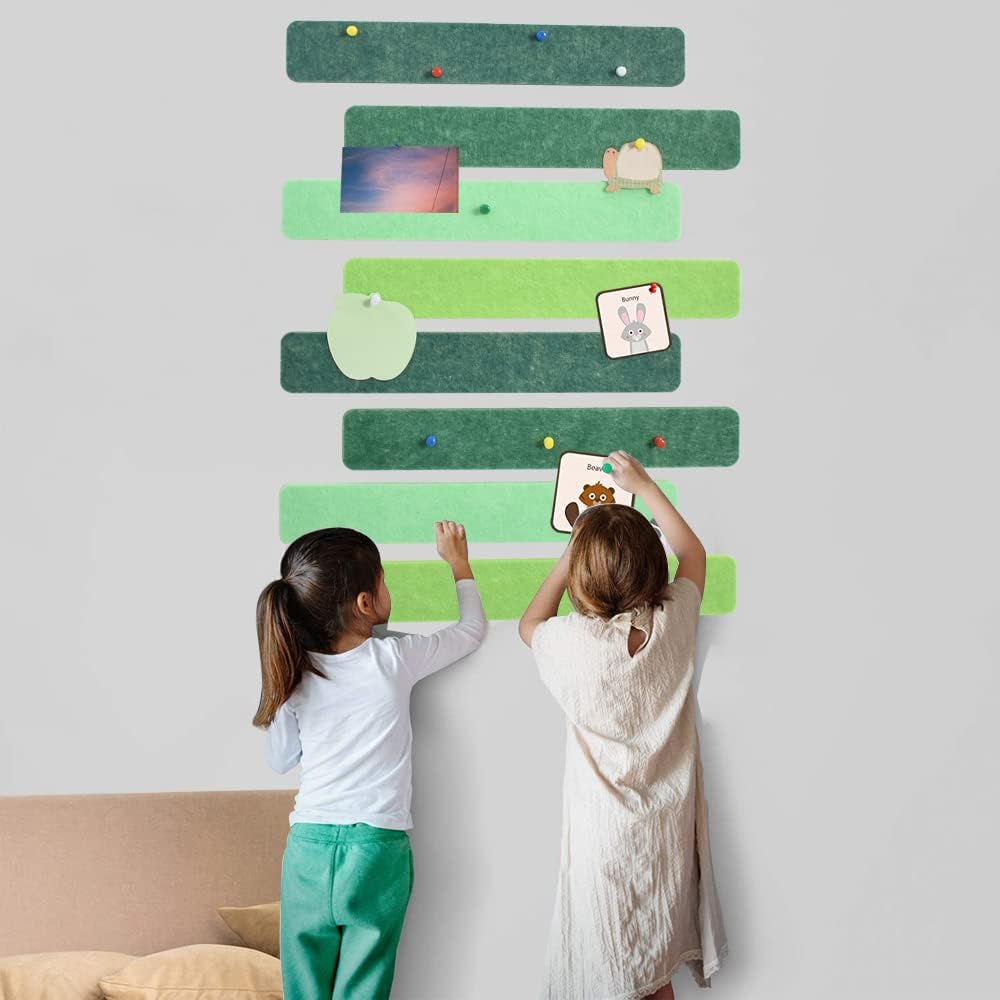 Vuzvuv 8 pcs Bulletin Board Bar Strips with 50 Pushpins & 10 Wooden Clip pins，Self Adhesive Cork Board for Wall，Felt Pin Board for School，Office Decor（Black White Grey）