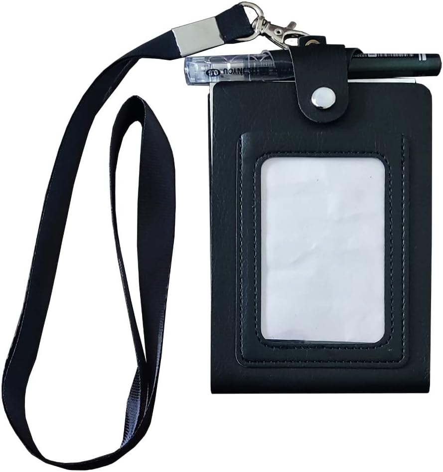 PU Leather Lanyard Meeting Notebook Neck Hanging Notepad with ID Slot and Pen, 3.5X5.1inch, Black