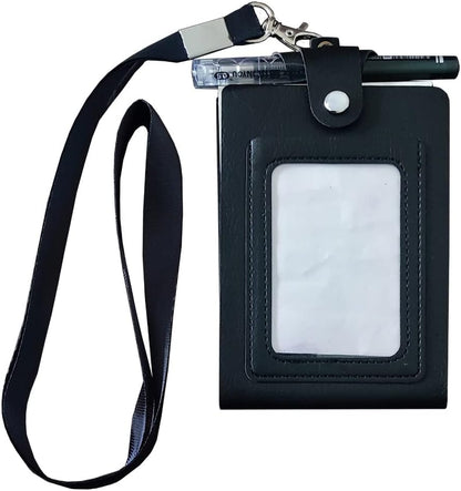 PU Leather Lanyard Meeting Notebook Neck Hanging Notepad with ID Slot and Pen, 3.5X5.1inch, Black