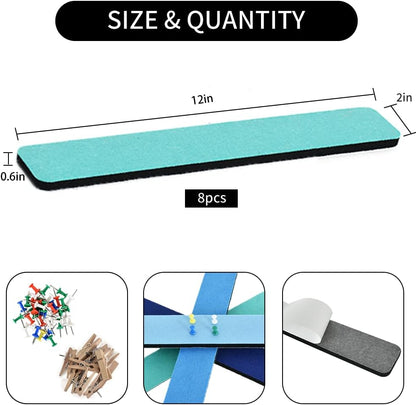 Vuzvuv 8 pcs Bulletin Board Bar Strips with 50 Pushpins & 10 Wooden Clip pins，Self Adhesive Cork Board for Wall，Felt Pin Board for School，Office Decor（Black White Grey）