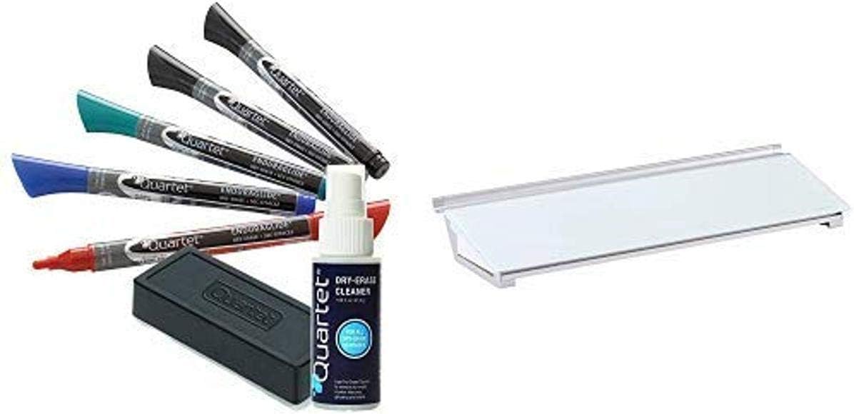 Quartet Dry Erase Markers Accessory Kit, 5 Fine Tip EnduraGlide Dry Erase Markers, an Eraser, & Cleaning Spray AND Glass Whiteboard Desktop Computer Pad with Storage Drawer, White Dry Erase Surface