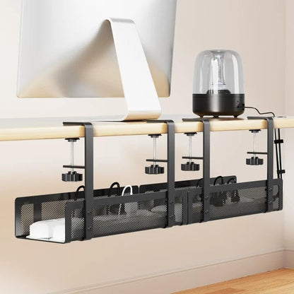 2 Pack Cable Management Under Desk Tray, 31.4" No Drill Under Desk Wire Management with Upgraded Clamp, Metal Cord Organizers for Desk with Cable Organizers, PC Cable Management Rack, Black