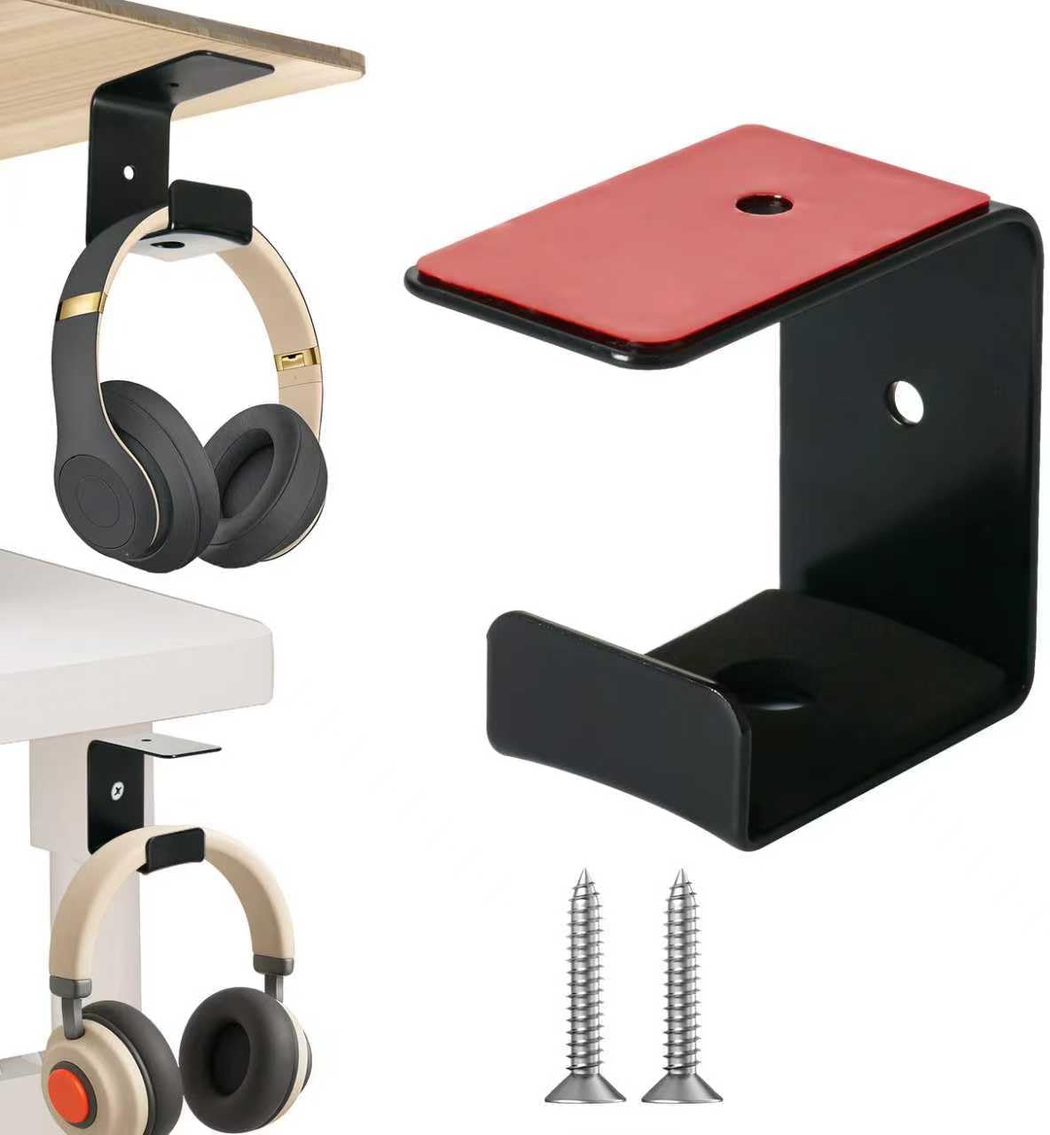 Strong Adhesive Headphone Holder Under Desk, Aluminum Headset Mount Hook with Rubber Pad - 2 Installation Styles for Gaming, Office, Classroom (1 Pack)