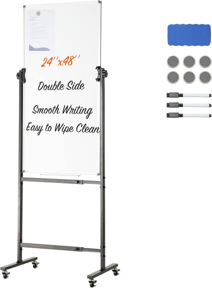 VEVOR Magnetic Glass Whiteboard, Dry Erase Board 36"x24", Wall-Mounted Large White Glassboard Frameless, with Marker Tray, an Eraser and 2 Markers, Black
