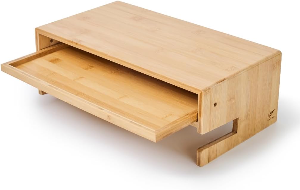 Wood Monitor Stand Riser Organizer for Desk Top with Storage Drawer & Phone Holder,Bamboo Monitor Stand with Keyboard Tray, Non Slip Desk Riser, Desk stand for computer monitor