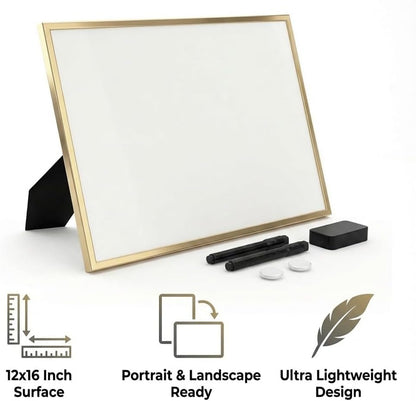 Magnetic Dry Erase Board 12x16 with Foldable Stand, Portable Gold Desktop Whiteboard for Home, Office, School & Kitchen, Includes Weekly & Monthly Magnetic Planner Sheets