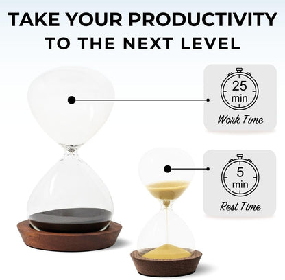 Decorative Hourglass Sand Timer Set - Includes 25 and 5 Minute Sandglass Pomodoro Timers with Wooden Bases - Time Management Productivity Tool - Gift for Home Office Desk