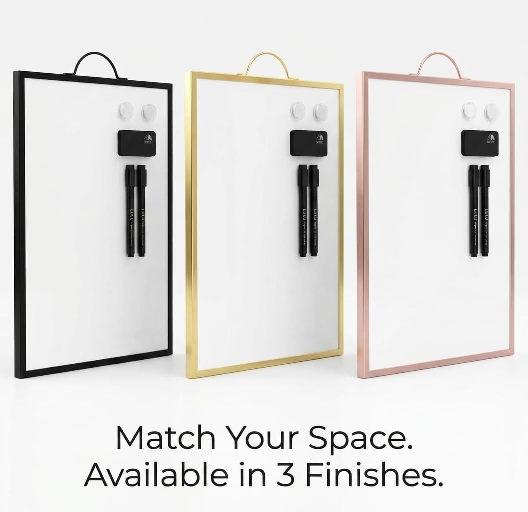 Magnetic Dry Erase Board 12x16 with Foldable Stand, Portable Gold Desktop Whiteboard for Home, Office, School & Kitchen, Includes Weekly & Monthly Magnetic Planner Sheets