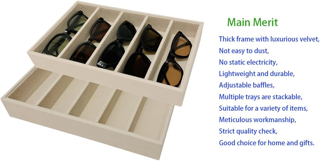 AgentMoon Velvet Eyeglasses Organizer Jewelry Tray. 5-slot Adjustable Eyeglasses Storage Tray, Thickened Frame,Sunglasses Organizer,Stackable AntiStatic. Beige,11.8 oz.