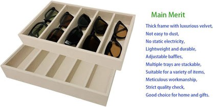 AgentMoon Velvet Eyeglasses Organizer Jewelry Tray. 5-slot Adjustable Eyeglasses Storage Tray, Thickened Frame,Sunglasses Organizer,Stackable AntiStatic. Beige,11.8 oz.