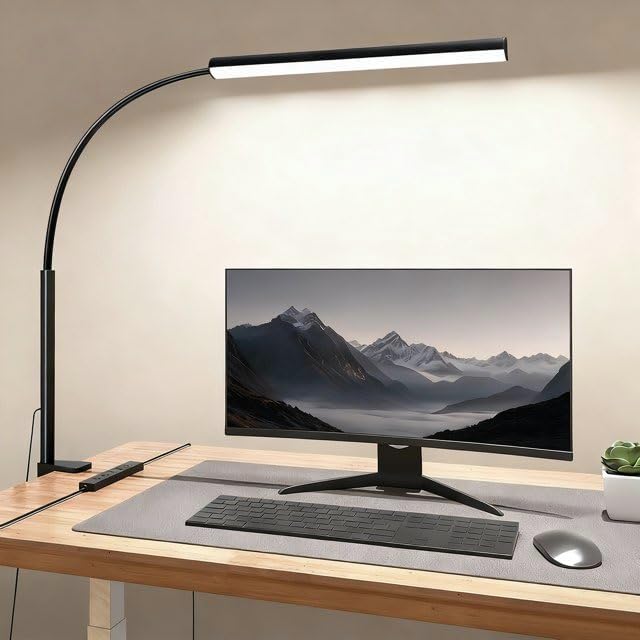 LED Desk Lamp with Clamp, Eye-Protection Clip on Desk Lamp, 5 Modes 10 Brightness Adjustment, 360°Flexible Gooseneck Lamp for Home Office ，Lights with USB Adapter (Black, Mini)