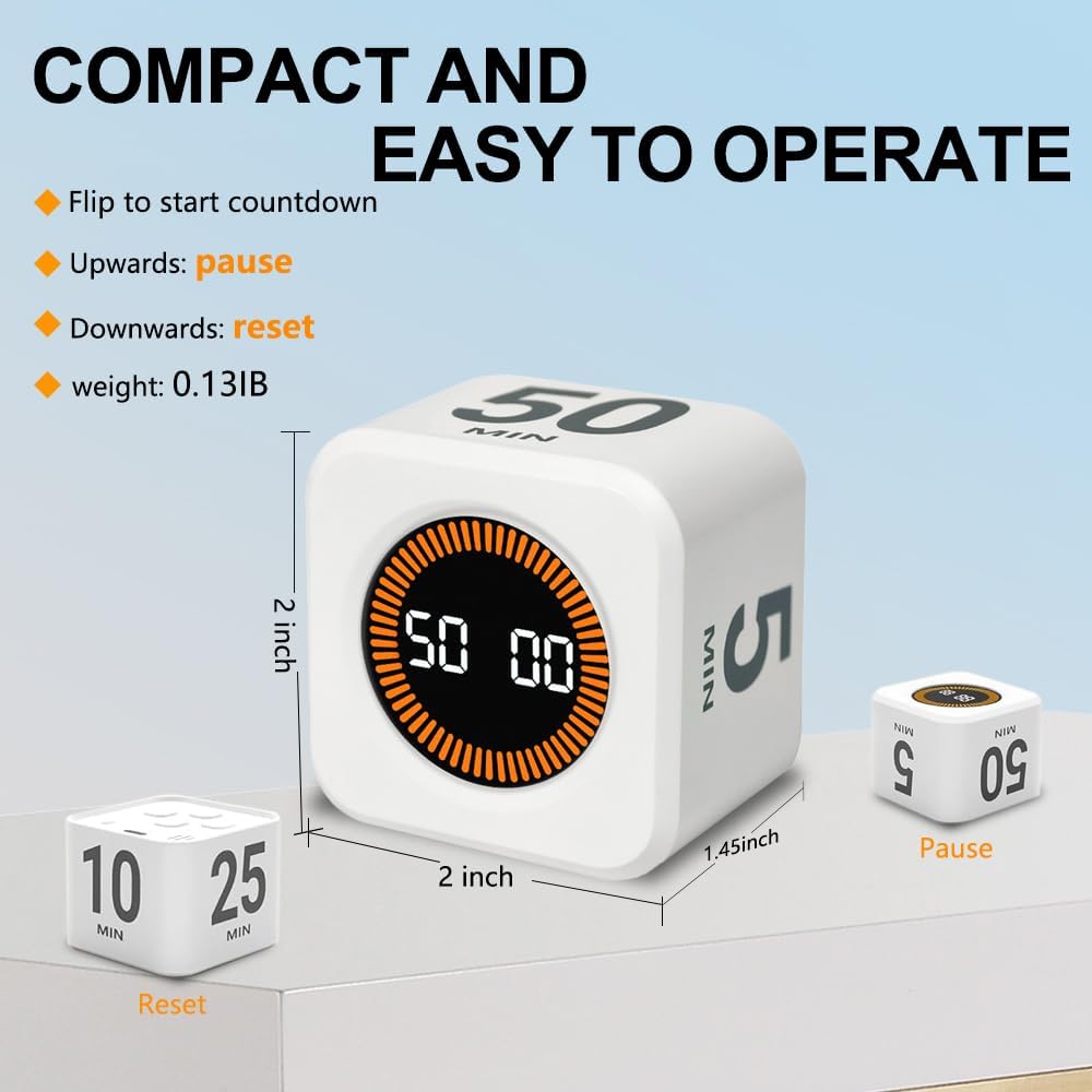 Visual Rotating Timer with 5, 10, 25 50 Minutes Preset, Desk Cube Count Down/up Timer, Rechargeable Custom-time Mute/Sound, Ideal for ADHD Work Learning Kitchen, Black