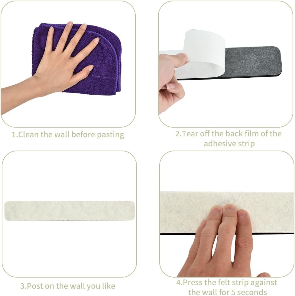 Vuzvuv 8 pcs Bulletin Board Bar Strips with 50 Pushpins & 10 Wooden Clip pins，Self Adhesive Cork Board for Wall，Felt Pin Board for School，Office Decor（Black White Grey）