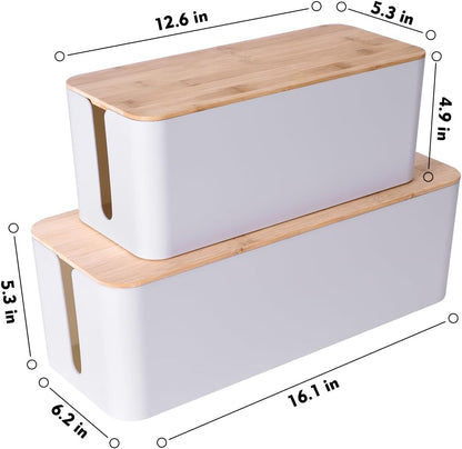 2 Pack Large Cable Management Box – Wooden Style Cord Organizer and Cover for TV Wires, Computer, Router, USB Hub and Under Desk Power Strip – Safe ABS Material and Baby-Pets Proof Lock (White)